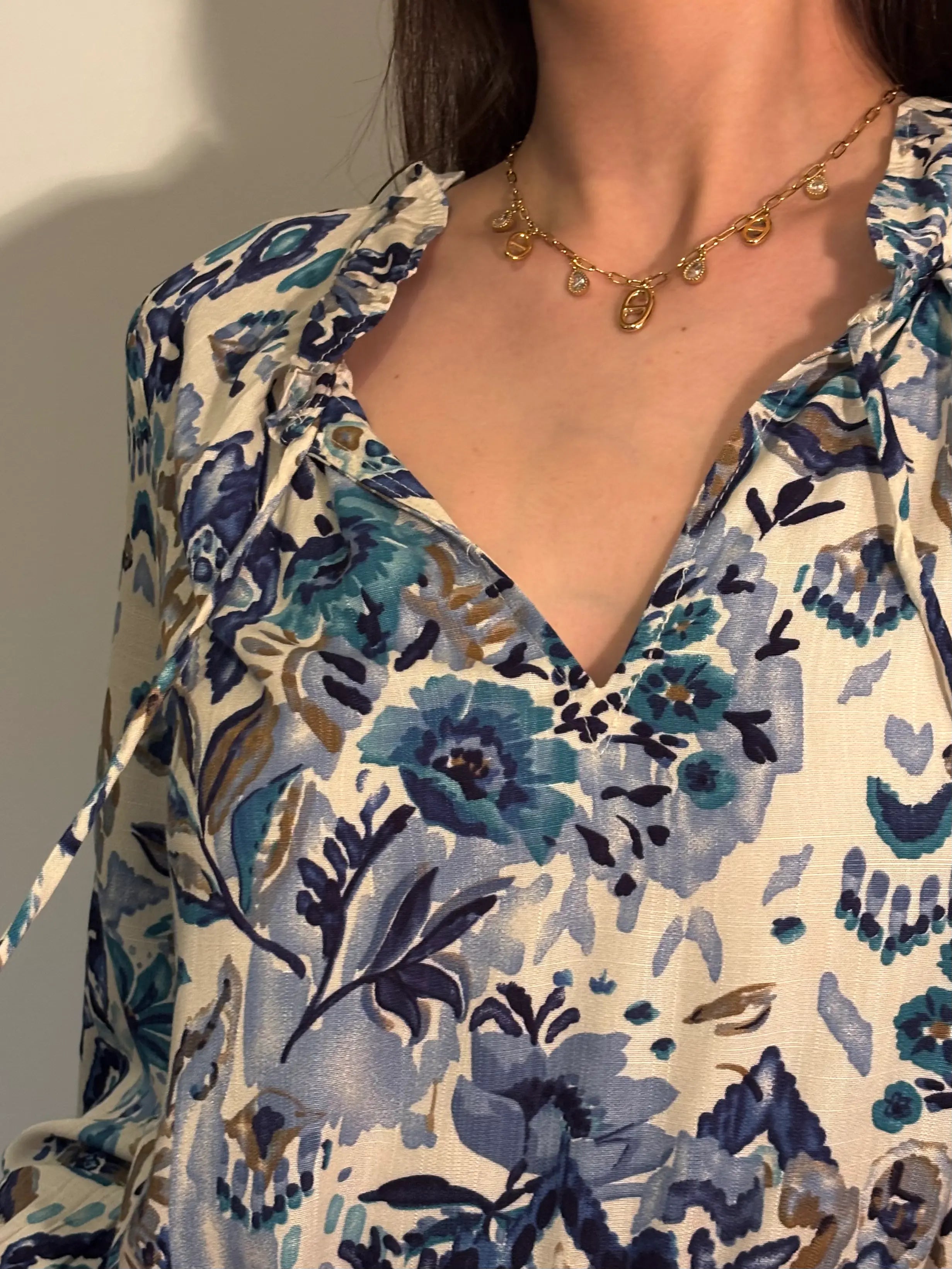Robe bleu confortable et fluide à motif manches longues