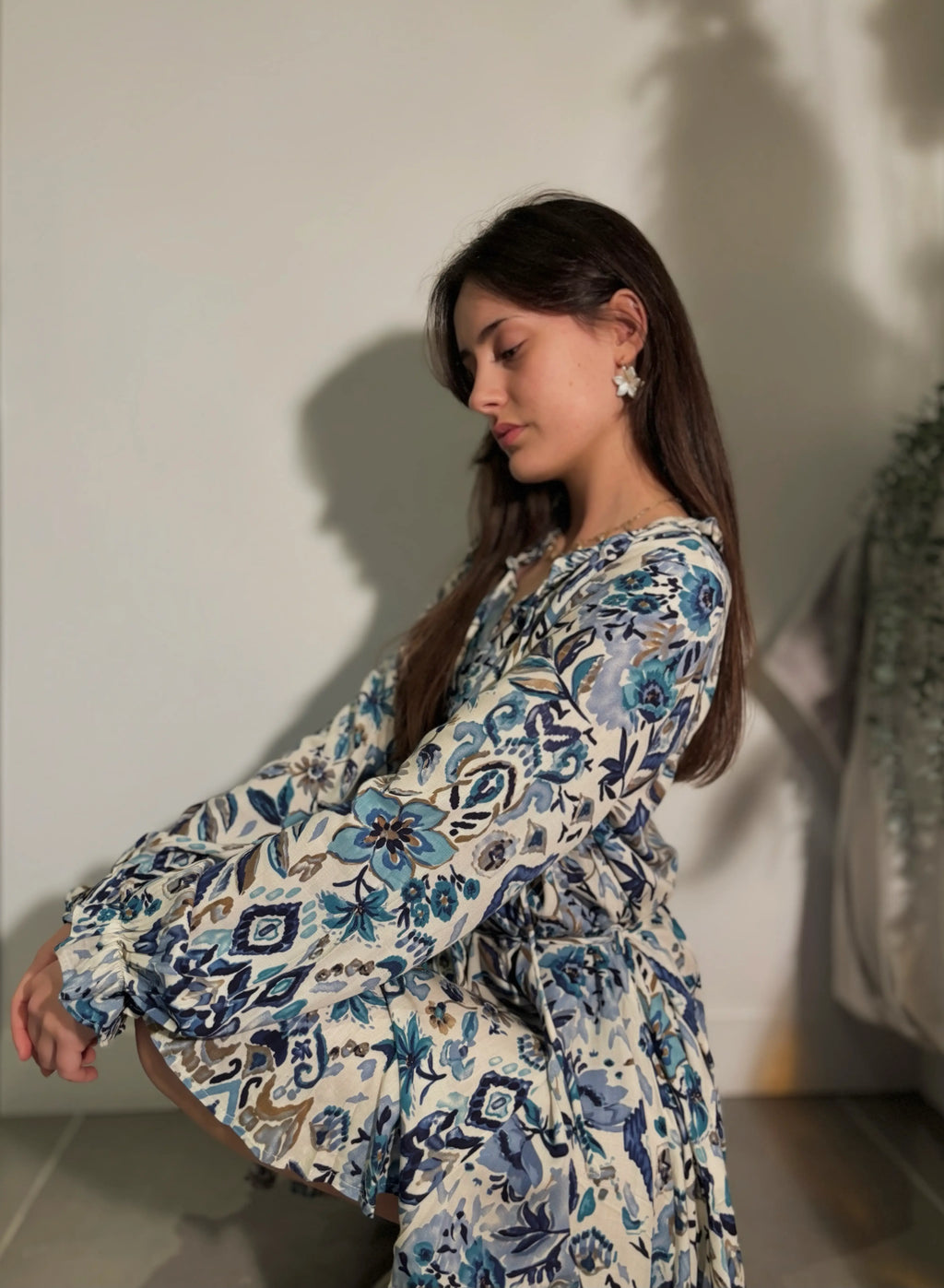 Robe bleu confortable et fluide à motif manches longues