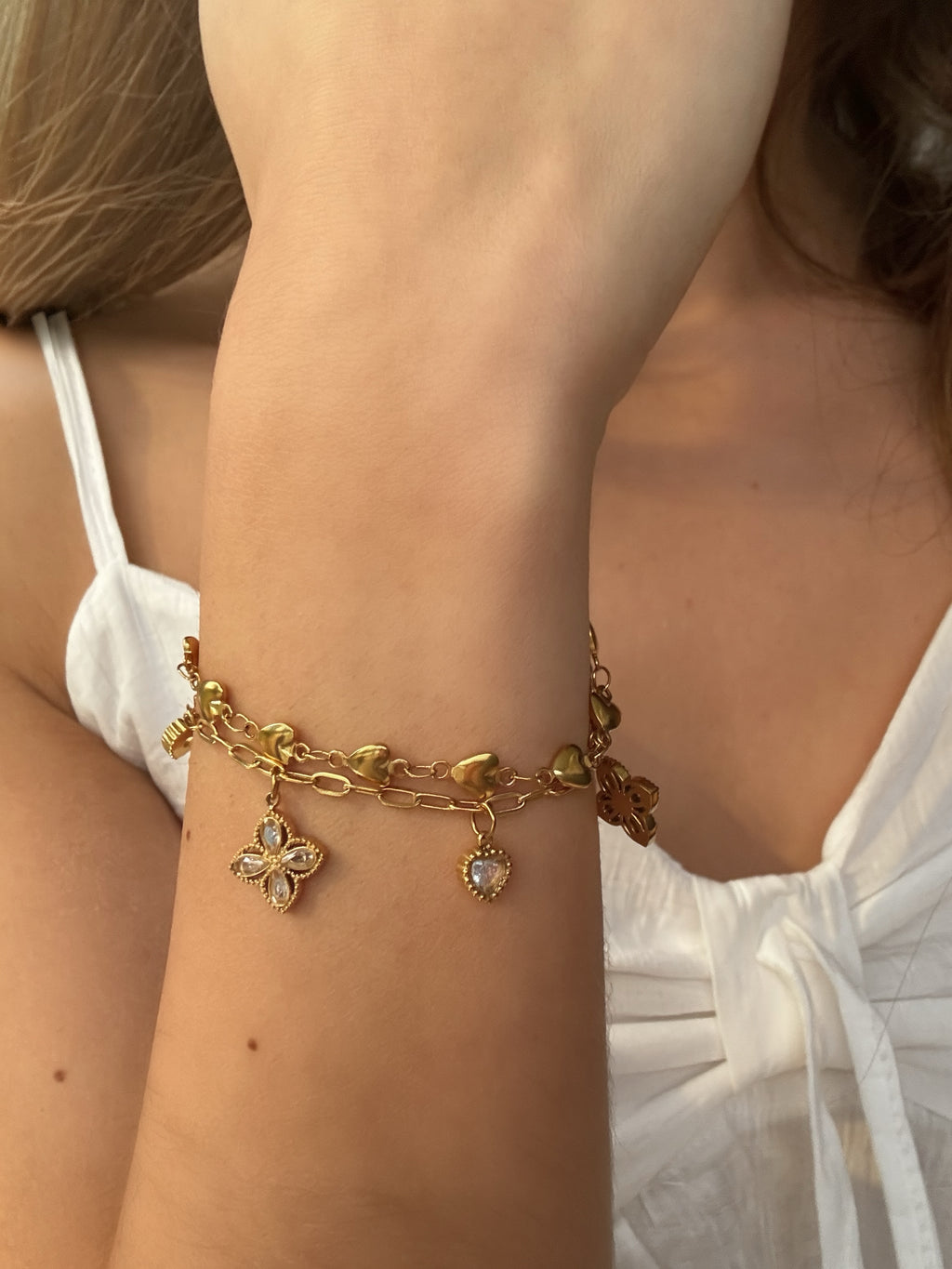 bracelet à deux maillons coeur et trèfles